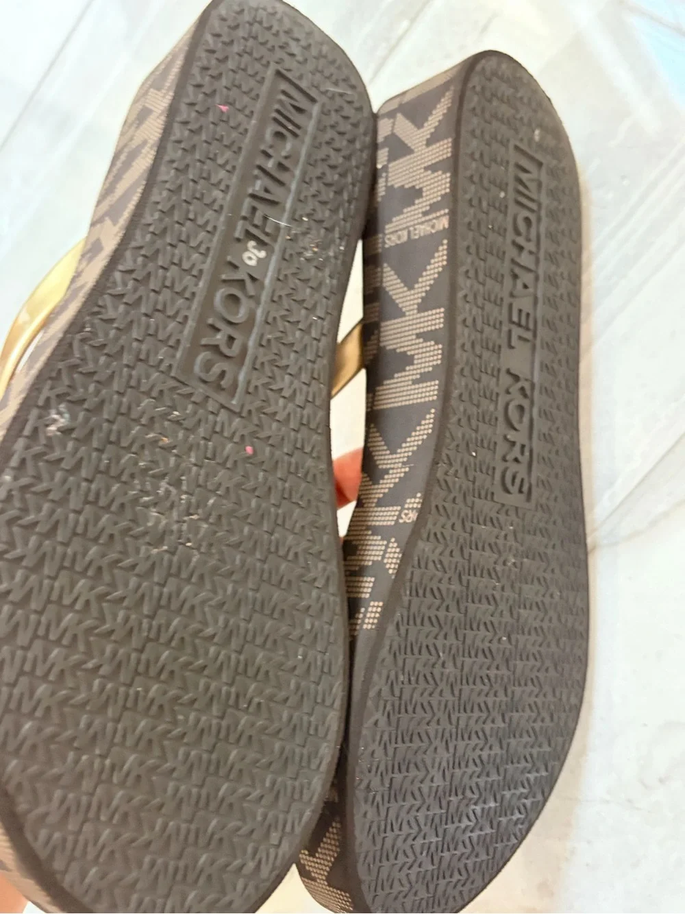 Michael Kors Black and Gold Signature Logo Thong Sandals